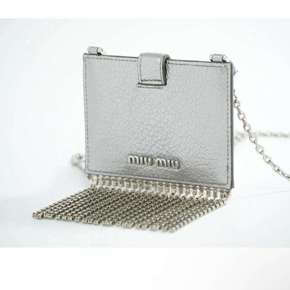 Miu Miu Goatskin Madras Crystal Card Holder Fringe Crossbody Silver